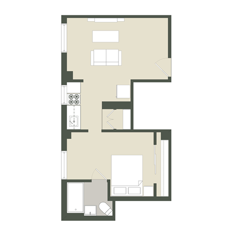 Floor plan for 1 bed, 1 bath, 353 sqft